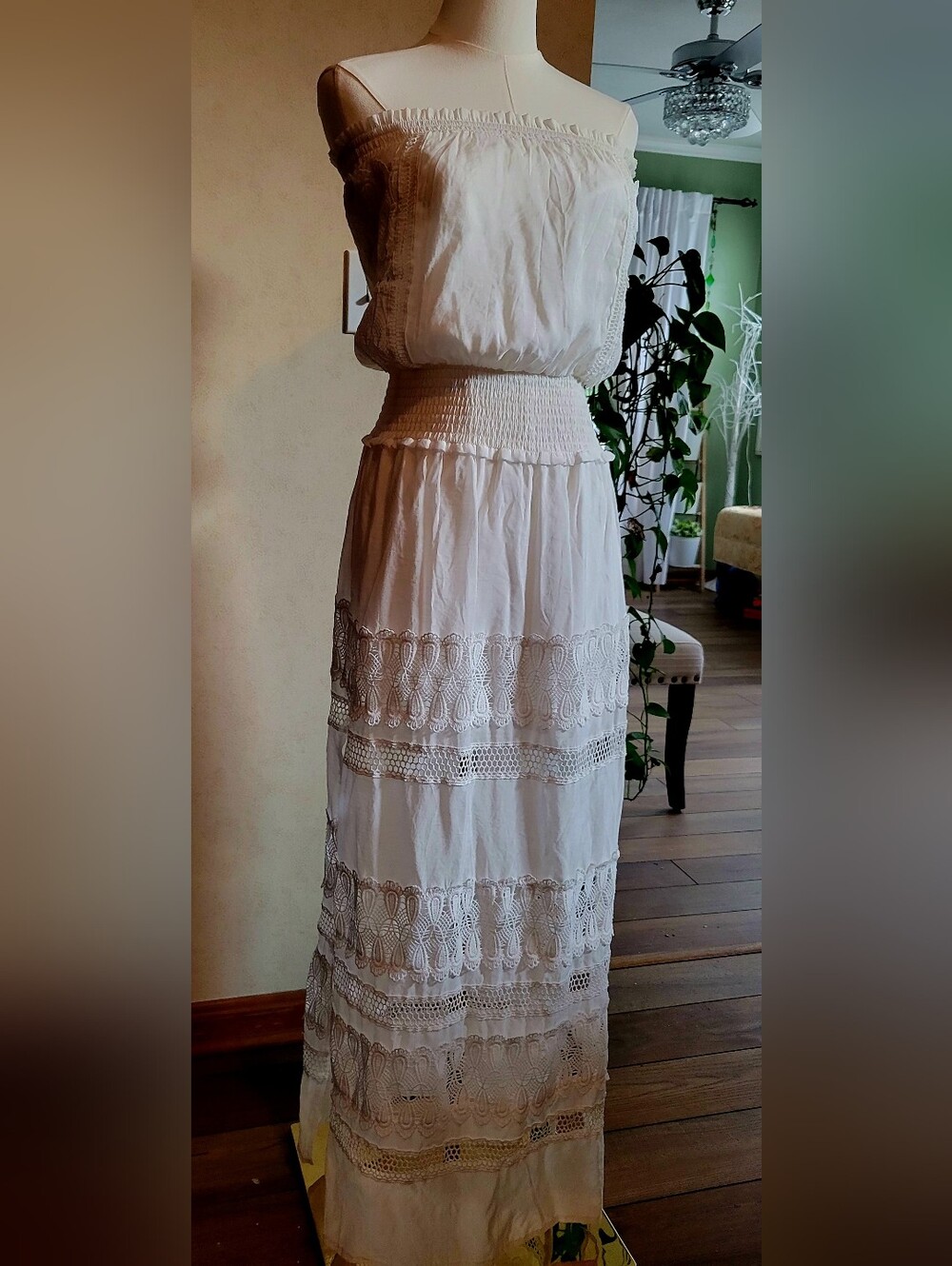 Off-Shoulder White Lace-Tier Maxi Skirt with Smocked Waist